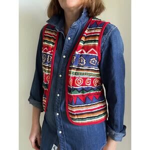 Vintage 80s Linen Graphic Print Vest Size Small Red Blue Green Artsy India Vibe